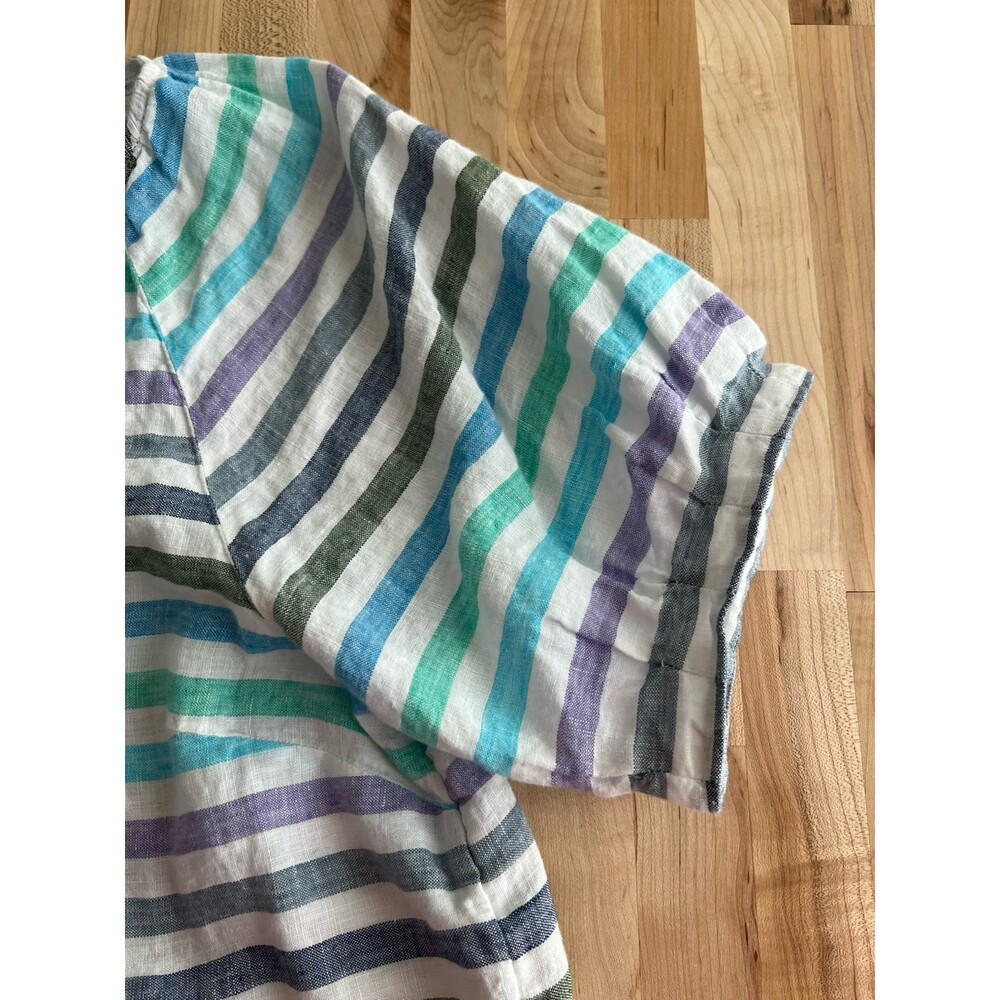 Talbots Puff Sleeve Split Neck Blouse 100% Linen Purple Blue Stripe XL - Picture 2 of 7